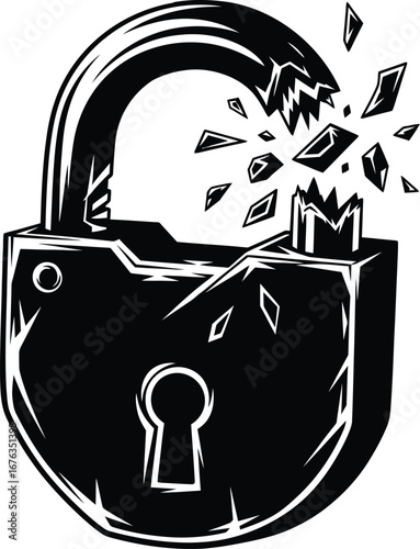 Broken padlock illustration symbolizing security breach and vulnerability in digital protection and physical safety concepts vector