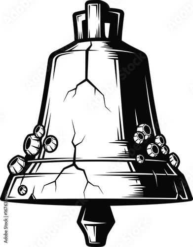 Vintage cracked bell with clapper hand drawn vector sketch detailed illustration black and white design