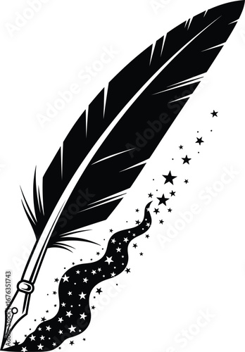 Black feather quill pen with magical sparkling stars and ink trail vector design for writing and creativity inspiration