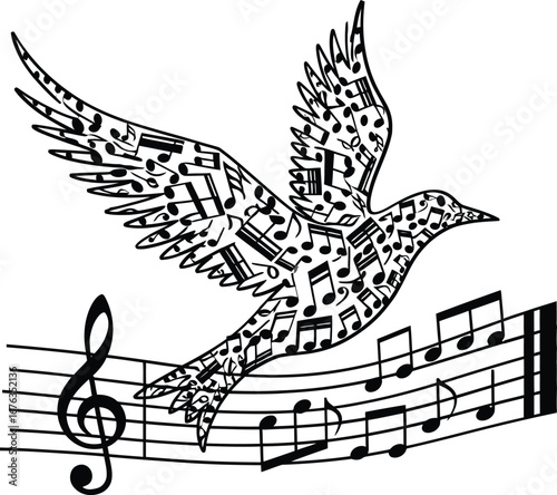 Bird composed of musical notes flying above sheet music with treble clef vector illustration