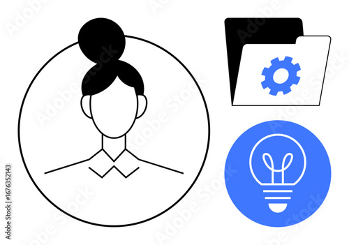 Female profile in circle, gear in folder for organization, lightbulb for ideas. Ideal for creativity, team management, brainstorming, innovation, productivity, HR and simple landing page