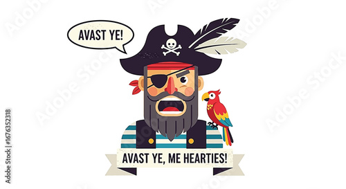 Cartoon pirate with an eyepatch, parrot, and hat, shouting 'Avast ye, me hearties!'.