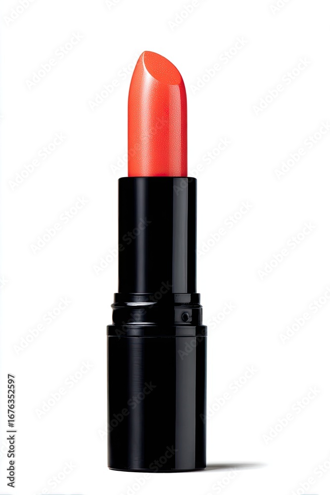 Obraz premium Coral lipstick in black tube against white background