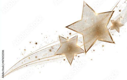 Gold stars with light trails on white background