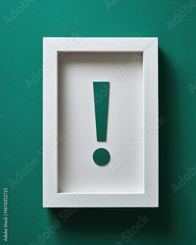 Framed exclamation mark on green background; attention concept