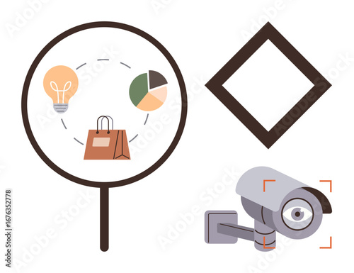 Magnifying glass highlighting shopping, analytics, and idea icons. Includes a CCTV camera and diamond shape graphic. Ideal for data analysis, security, market research, innovation, e-commerce