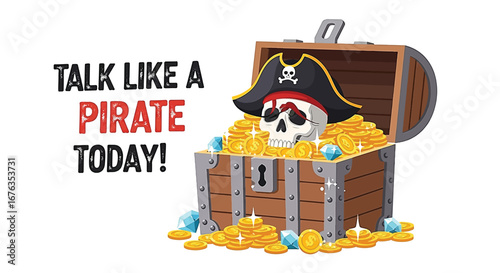 A pirate skull in a treasure chest overflowing with gold coins and jewels.