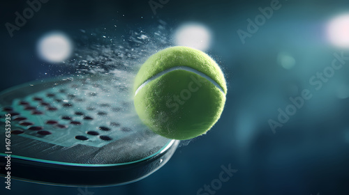 Dynamic action shot of a padel tennis ball impacting a racket with a dramatic splash of water