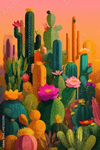 Sunset Desert Cactus Garden Floral Bloom, Southwest Landscape Poster