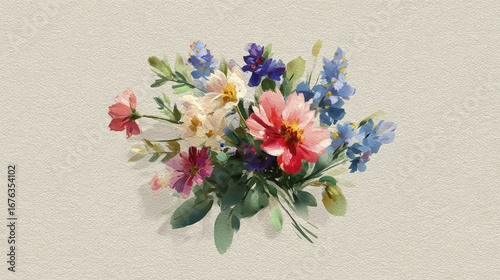 A vibrant bouquet of flowers in soft watercolor style, with various shades of pink, red, blue, and white blooms, presented against a textured neutral background.