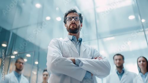 Portrait of a confident research scientist leading his expert team, looking towards the future of medical innovation in a modern laboratory