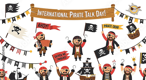 A vibrant illustration celebrating International Pirate Talk Day with various cartoon pirates, flags, ships, and banners.