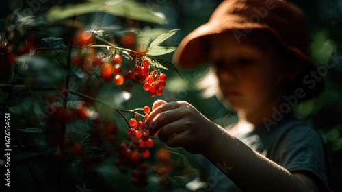 A child in a sun-dappled forest setting picks ripe berries from a branch, bathed in warm, diffused light.
