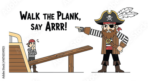 A cartoon pirate orders a terrified person to walk the plank.
