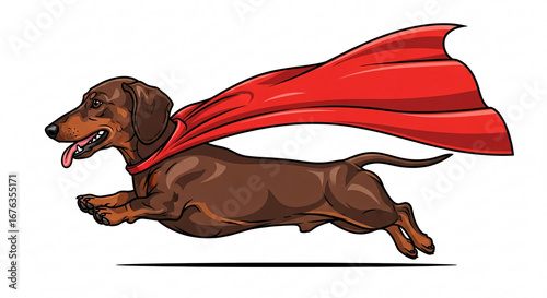 Super Dachshund Dog Running with Red Cape Heroic Animal Action
