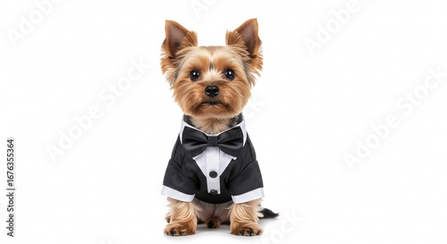 Adorable Yorkshire Terrier Wearing a Black Tuxedo with Bow Tie Sitting on a White Background