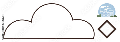 Large cloud outline and diamond shape near factory buildings with chimneys and smoke emissions. Ideal for pollution, environment, climate change, industry effects, global warming, sustainability