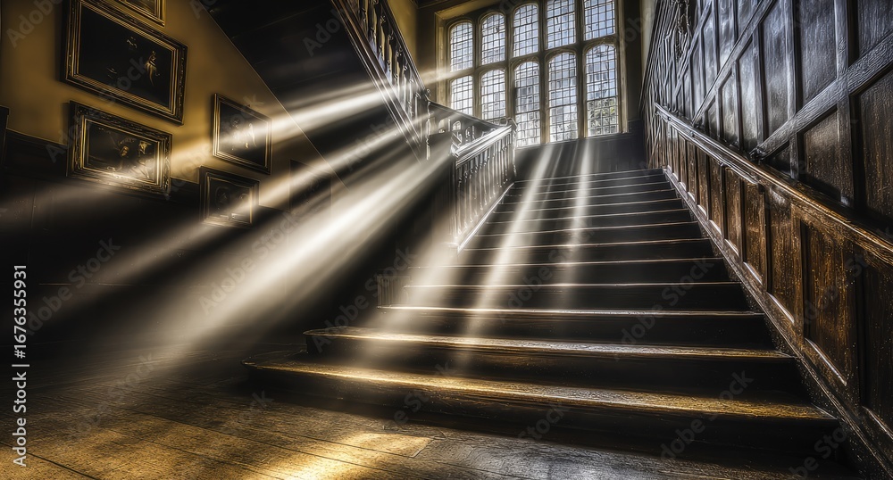 Fototapeta premium Sunbeams illuminate antique wooden stairs
