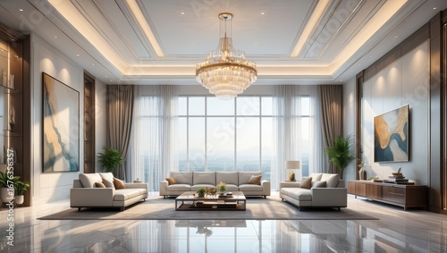 Elegant Luxury Living Room With Large Windows And Chandelier Modern Interior Design