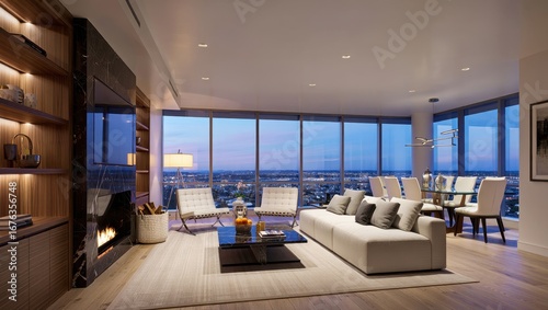 Foto Luxurious High Rise Apartment Living Room With Panoramic City Views At Dusk