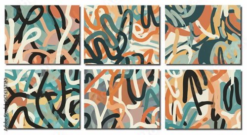 Set of six modern abstract backgrounds with colorful flowing lines.