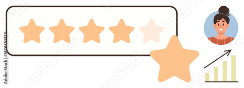 Five-star rating partially filled alongside profile picture and upward graph symbolizing feedback, growth, and satisfaction. Ideal for business success, marketing, improvement, reviews, analytics