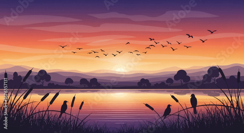 Silhouetted Birds at Sunset Lakeside.