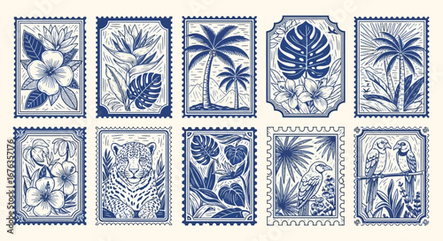Tropical themed postage stamps collection with exotic flora and fauna illustrations.