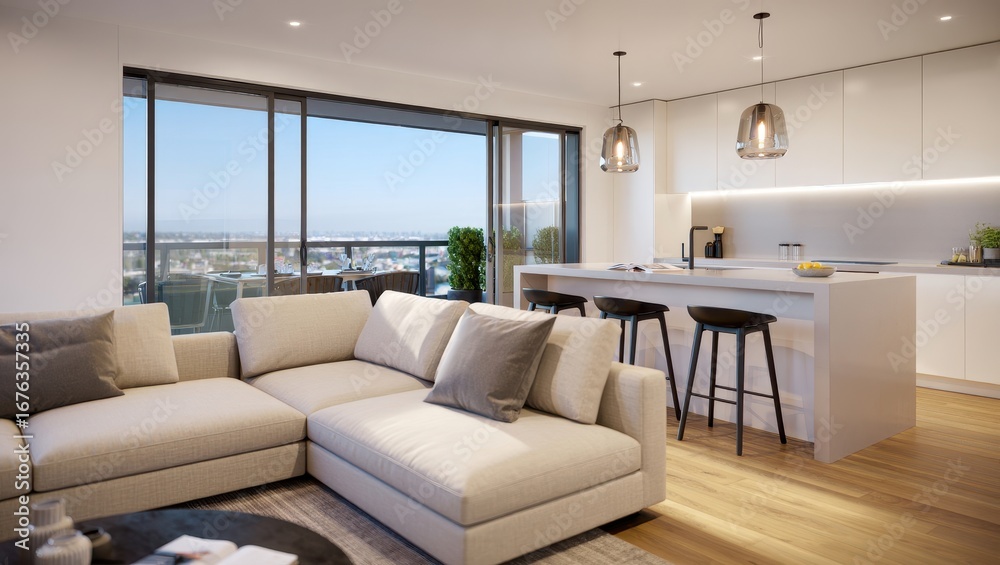 Fototapeta premium Modern Living Room and Kitchen Area with City View During Daylight