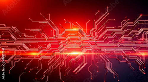 Abstract red circuit board background with glowing electronic components and lines, representing modern technology, digital systems, and future communication networks