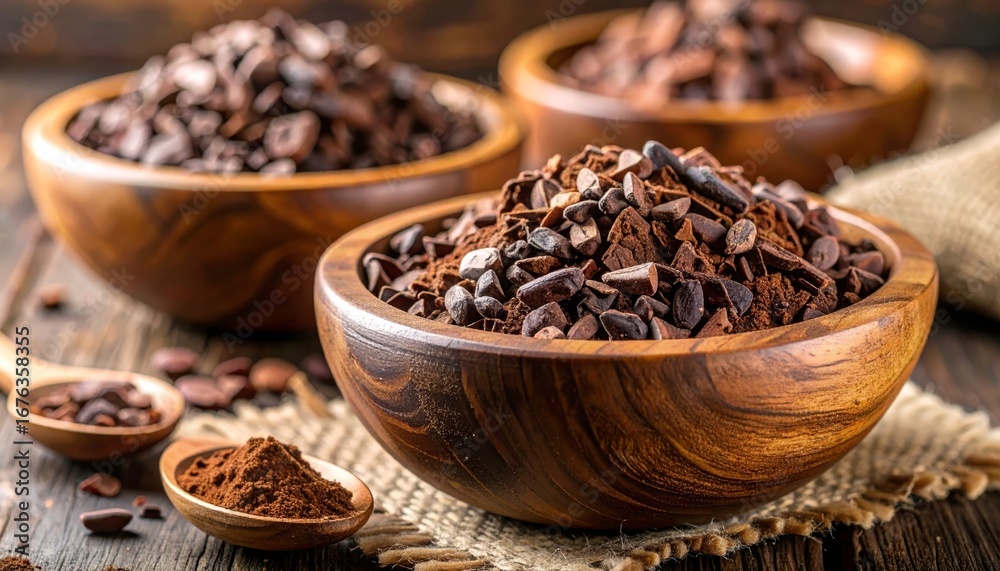 Obraz premium Delicious Dark Chocolate in Wooden Bowls on Rustic Table