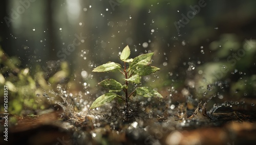 A young sprout emerging from the forest floor, bathed in sunlight and rain
