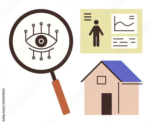 Magnifying glass over an eye with circuit lines, data panels showing stats, and a house icon. Ideal for surveillance, data privacy, analytics, security, smart home technology research. Simple flat