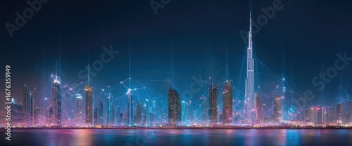 A futuristic cityscape at night, with glowing skyscrapers and interconnected lines