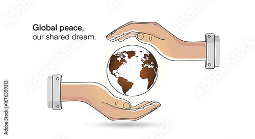 Two hands gently protecting the Earth globe, symbolizing global peace, unity, and our shared dream for a better world.