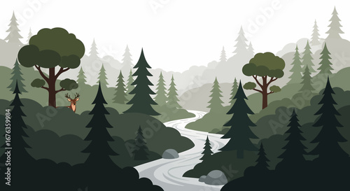 Serene Forest Landscape with River and Wildlife A Peaceful Nature Scene