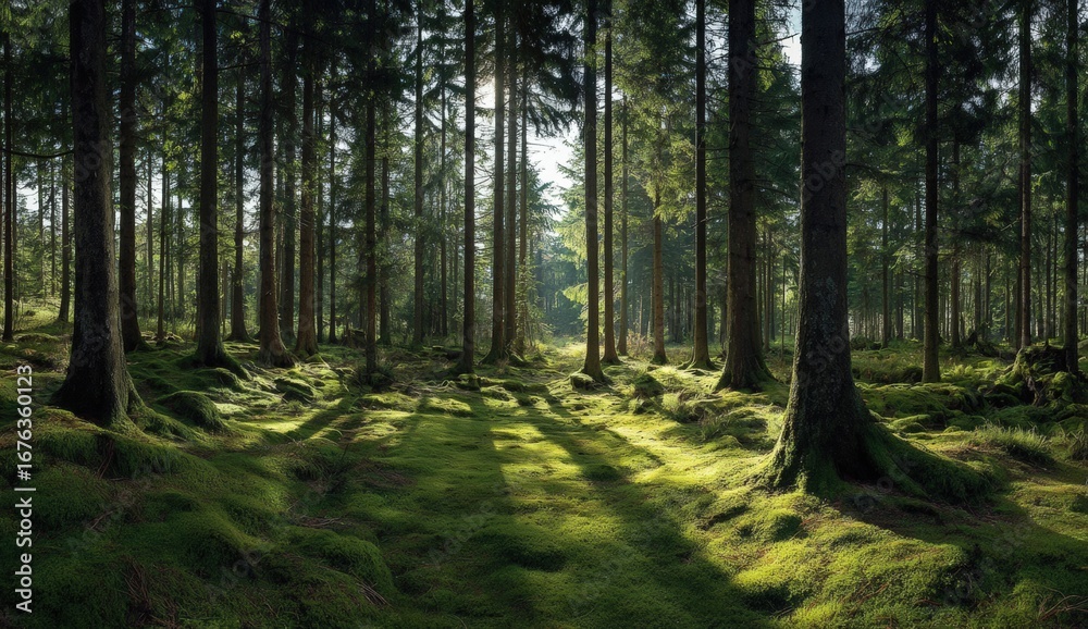 Obraz premium Sunlight filtering through a dense forest (1)