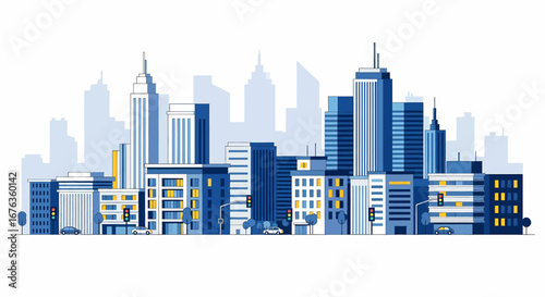 Modern urban cityscape with towering skyscrapers and financial district buildings, a flat vector illustration of a metropolitan panorama