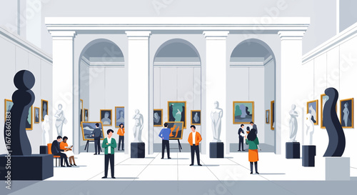 Art Gallery Visit Patrons Enjoying Sculptures and Paintings in a Museum
