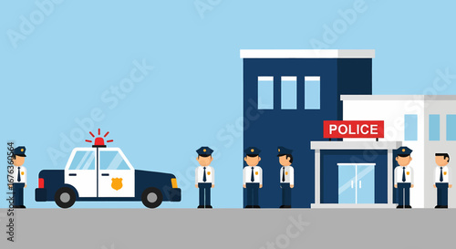 Cartoon Illustration of Police Officers and Police Station Law Enforcement Concept