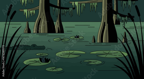 A stealthy alligator glides through a dark, mysterious bayou filled with lily pads and ancient cypress trees