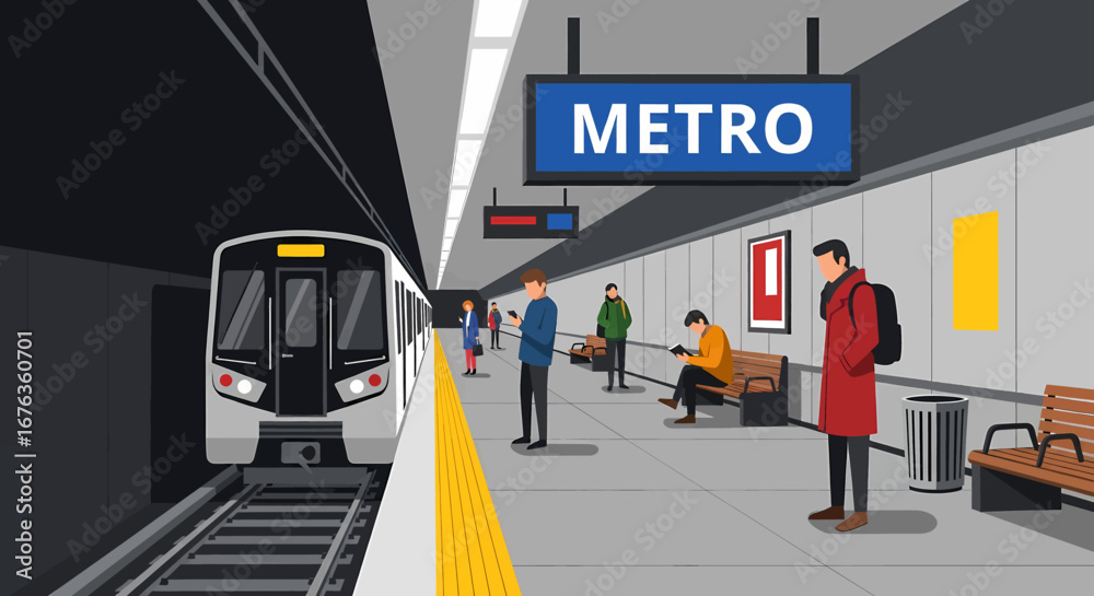 Naklejka premium Vector illustration of commuters waiting on a modern subway platform as a train pulls into the underground station for the daily urban journey
