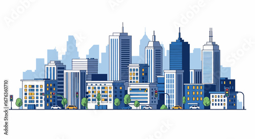 Modern city street with skyscrapers and traffic. Urban downtown architecture in a flat vector graphic illustration style