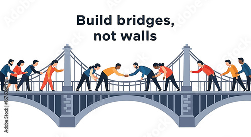 A diverse group of people collaborates on a bridge, representing unity, teamwork, and overcoming division.