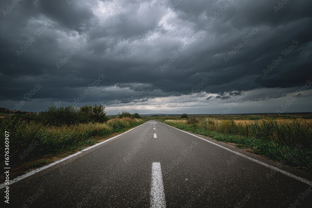 Naklejka premium Straight asphalt road under a stormy sky