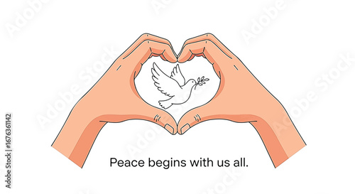 Illustration of hands forming a heart shape around a dove holding an olive branch, with the text "Peace begins with us all.".