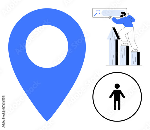 Large blue location pin, man searching data at bar chart, and user icon. Ideal for navigation, growth analysis, online search, marketing, user behavior, geolocation simple flat metaphor