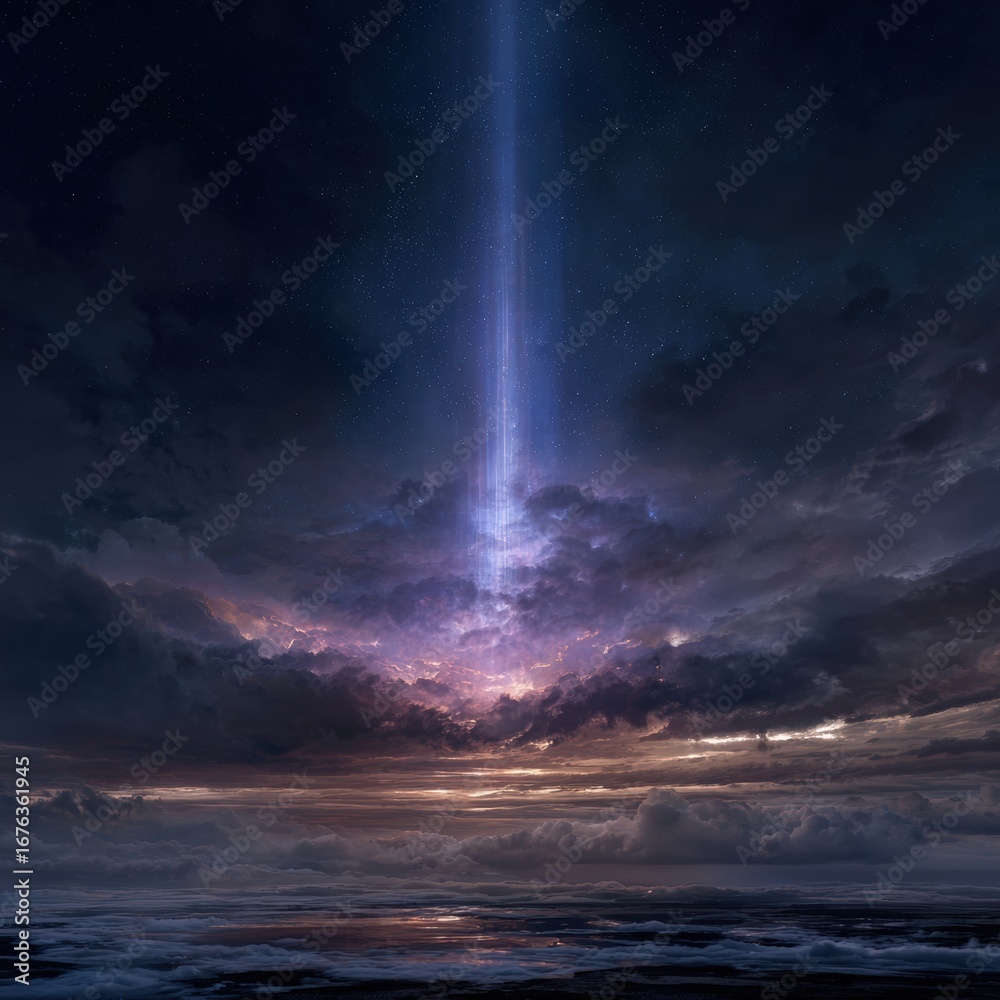Obraz premium Night sky, light beam, clouds