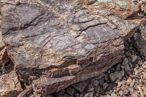 Chert / sedimentary rock. commonly with thin interlayers of reddish-brown shale, graywacke and greenstone. Coyote Point Beach, San Mateo, California. San Francisco Peninsula. San Francisco Bay
