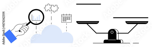 Hand magnifying cloud with analytics, puzzle, and calendar symbols, next to a balanced scale. Ideal for data analysis, decision-making, problem-solving, balance, productivity strategy simple flat